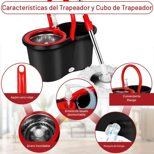 Vista 5 de Juego de trapeador giratorio y cubo con escurridor, Sistema de cubo de trapeador giratorio de 360° con 3 cabezales de repuesto de microfibra y mango