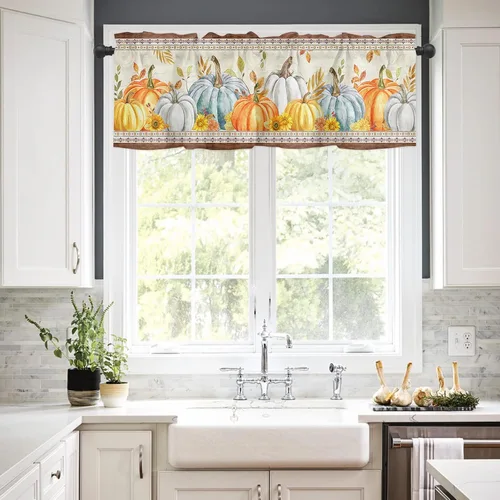 Vista 3 de Cortinas de cenefa de otoño para sala de estar, cenefas de calabaza para ventanas de cocina, cenefa de ventana con bolsillo para barra de Acción