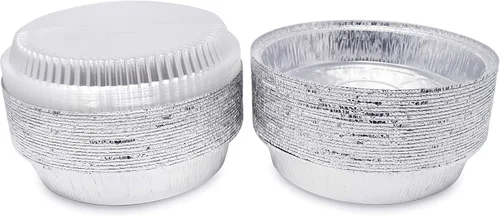 Vista 6 de Paquete de 60 sartenes redondas de aluminio prémium de 7 pulgadas con tapas de cúpula de plástico, lata de aluminio desechable para asar, hornear