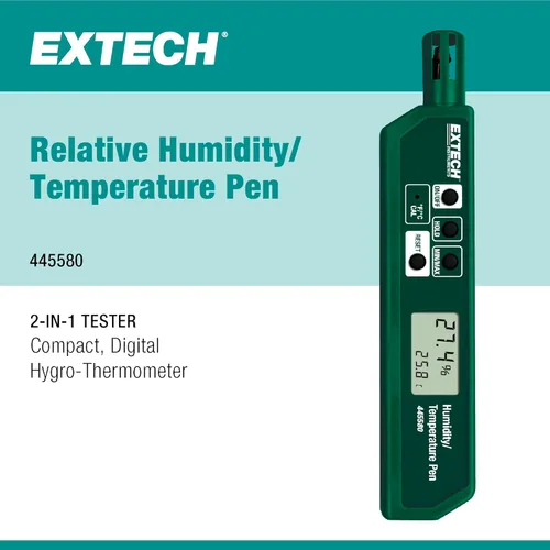 Vista 2 de Extech 445580 Bolígrafo de humedad y temperatura con sensor de respuesta rápida, memoria mínima/máxima, pantalla LCD dual, higrómetro de bolsillo