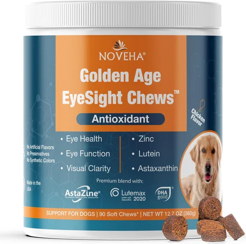NOVEHA Suplemento ocular para perros (90 masticables), apoyo visual con luteína + vitamina C y antioxidantes de astaxantina, vitaminas para perros