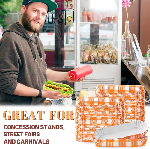 Vista 7 de Ocmoiy 300 bandejas de papel desechables para perros calientes para fiestas y barbacoas, soportes para perros calientes, botes para perros