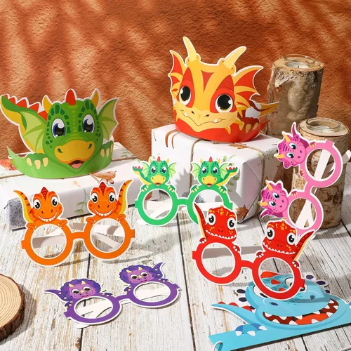 Vista 3 de Woanger 48 piezas de suministros de cumpleaños de dinosaurio incluyen 24 sombreros de papel de dinosaurio, 24 lentes de sol ajustables con cuerdas