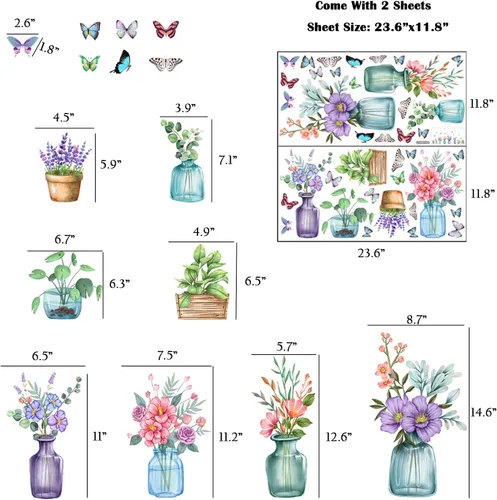 Vista 3 de Calcomanías de pared para floreros, mariposas y plantas, hojas verdes, calcomanías de vidrio, calcomanías florales anticolisión de doble cara
