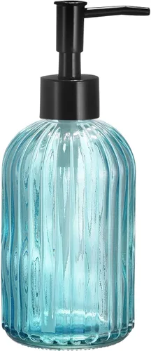 uxcell Dispensador de jabón – Dispensador de jabón de manos de vidrio de 13.5 onzas con bomba negra para cocina y baño, color azul