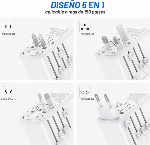 Vista 5 de Adaptador de Viaje Universal, VYLEE Adaptador de Enchufe Internacional de 70W con Carga Rápida PD, 5 Puertos (1 AC/1 USB-A/3 USB-C), Cargador
