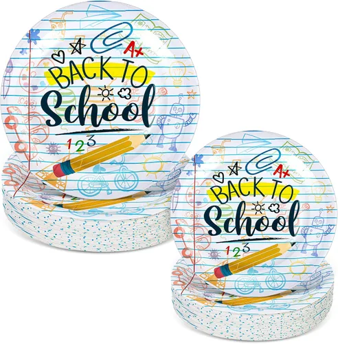 Whaline 50 platos de papel para el regreso a clases, platos desechables redondos de 9 pulgadas y 7 pulgadas, para la temporada escolar, impresiones