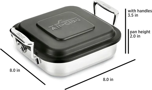 Vista 7 de All-Clad, Juego de sartenes con tapa de acero inoxidable y plástico, sartén cubierta cuadrada de 8x8 pulgadas, apta para horno y parrilla