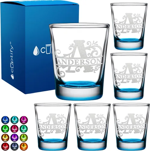 Vista 78 de Inicial y nombre de cristal de chupito personalizado, 2 onzas, parte inferior negra grabada con texto personalizado para regalos, bodas, cumpleaños