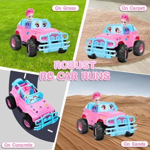 Vista 4 de Auto a control remoto: camión RC con calcomanías de bricolaje y muñeca para niños y niñas, cumpleaños, escala 1:20, camión RC funciones completas