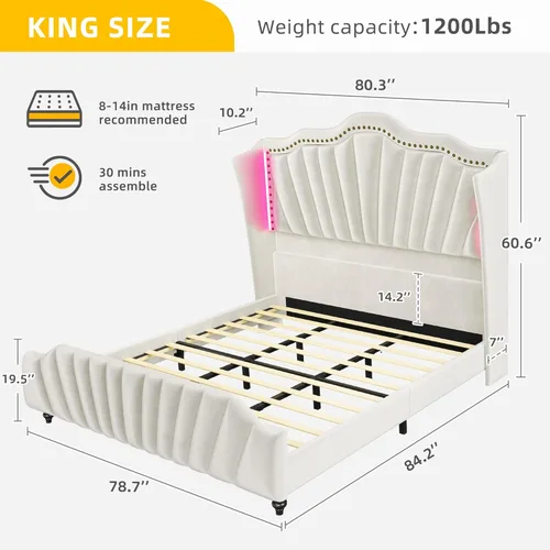 Vista 18 de DWVO Base de cama de plataforma tamaño Queen con cabecera y estribo de 60 pulgadas de alto, cama tapizada de terciopelo con luz LED, patas de madera
