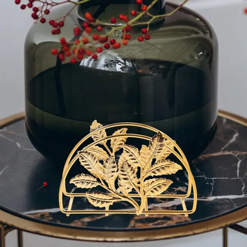 Vista 4 de Golden Iron Napkin Holder with Leaf Design, Large Metal Paper Napkin Stand for Kitchen and Restaurant Table, Rustic Style Bathroom and Dining