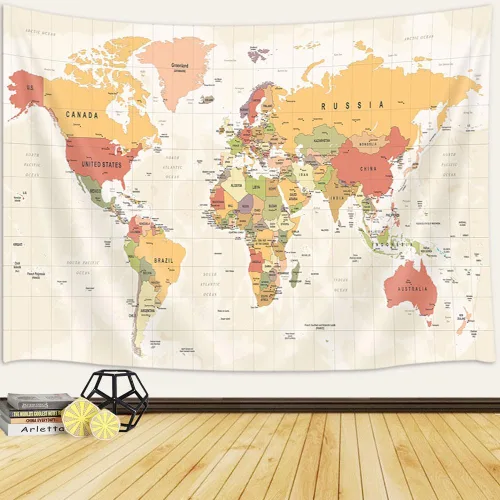 Tapiz de mapa del mundo para niños y estudiantes, mapa del mundo con países y ciudades principales, tapiz educativo, Asia Europa, topografía de la