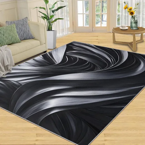 Black White Wave Rugs for Bedroom, Abstract Area Rug, Geometry Rugs for Living Room, Indoor Non-Slip Rug, Machine Washable Carpet for Front Entrance
