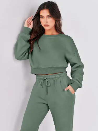 Vista 9 de ANRABESS Conjunto de dos piezas para mujer, manga larga, cuello redondo, sudadera corta con pantalones deportivos, conjuntos de descanso