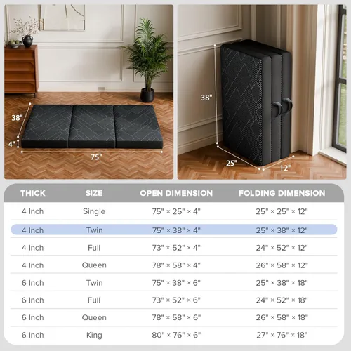 Vista 2 de Colchón plegable de tamaño individual – Colchón de espuma viscoelástica triple, asa y parte inferior antideslizante con funda lavable, sofá cama