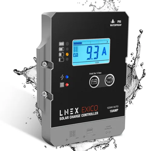 LNEX Controlador de carga solar impermeable, regulador inteligente de batería de panel súper delgado 10A con pantalla LCD 12V/24V Controlador PWM
