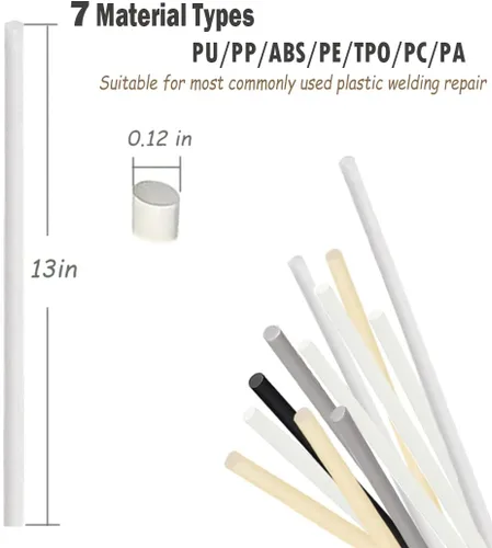 Vista 5 de Varillas de soldadura de plástico ABS PP PU PE PA PC TPO 7 tipos de varillas de soldador de plástico para parachoques de coche, kit de reparación