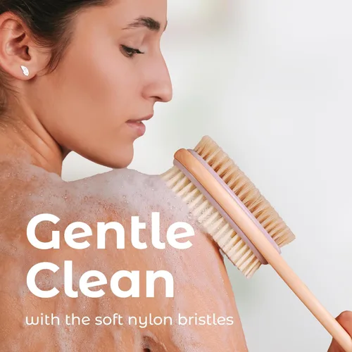 Vista 5 de MainBasics Exfoliador de Espalda para Ducha – Cepillo de Mango Largo de Doble Cara para Lavado Corporal y Exfoliación con Cerdas Exfoliantes