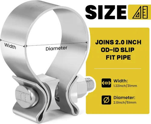 Vista 2 de Abrazadera de escape de 51mm 2.0 pulgadas, junta de tope de acero inoxidable 304, banda estrecha plateada para silenciadores, convertidores