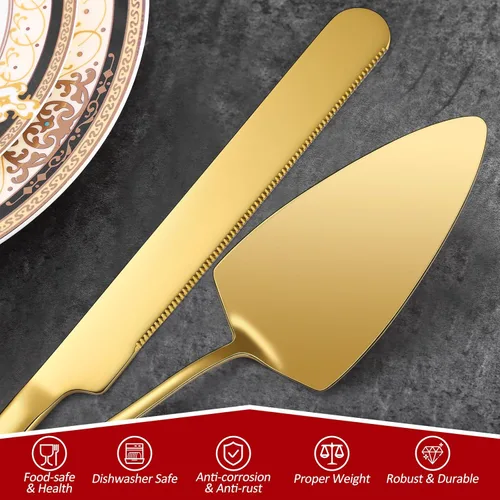 Vista 5 de Juego de corte de pasteles para boda, juegos de cuchillos de pala de pastel fino, elegante cuchillo y servidor con cortador dorado de acero