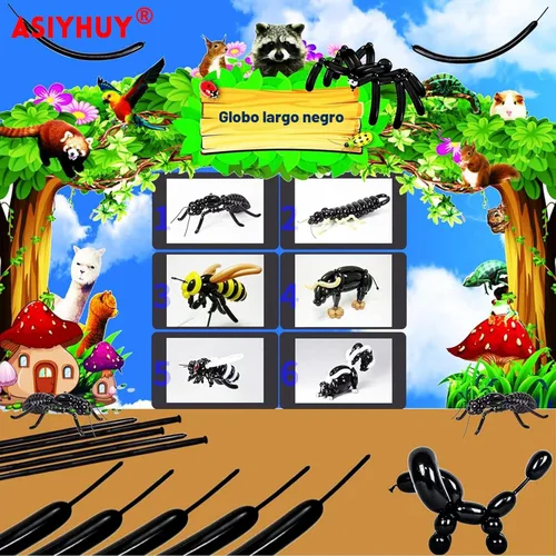 Vista 5 de Paquete de 260 globos largos, 100 globos negros de animales torcidos, globos mágicos largos de látex grueso para modelos de animales, Halloween