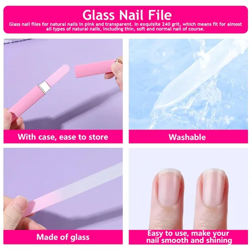 Vista 3 de FANDAMEI Kit de manicura para mujer, kit de cuidado de uñas con lima de uñas de vidrio, 5 limas de uñas de grano 180/240 para uñas naturales, aceite