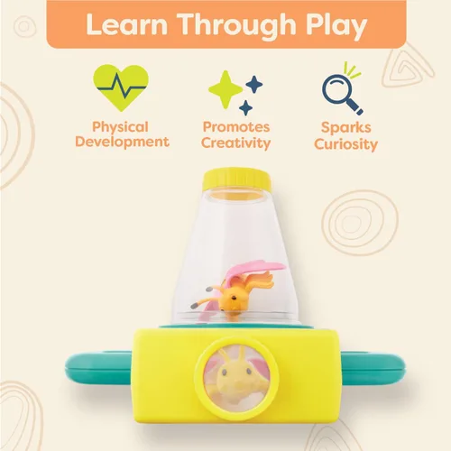 Vista 4 de B. toys Juego de 9 piezas de microscopio de juguete con libro de calcomanías, lupa y pinzas, incluye 4 insectos de juguete para pequeños