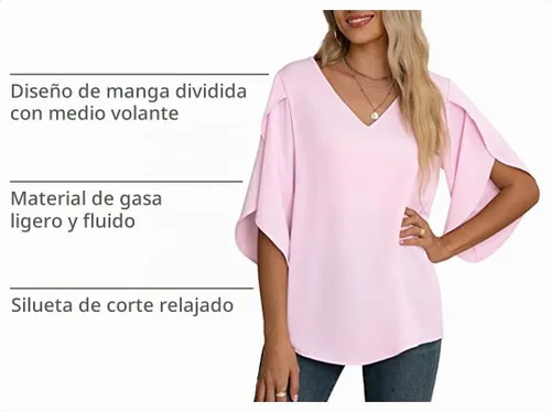 Vista 5 de Blusas de gasa con mangas 3/4 arrugadas de otoño para mujer de Jouica 01amy Verde
