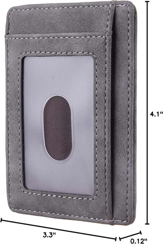 Vista 5 de Travelambo Cartera delgada con bolsillo frontal de cuero minimalista con bloqueo RFID tamaño mediano, Crazy Hose Gris, Minimalista