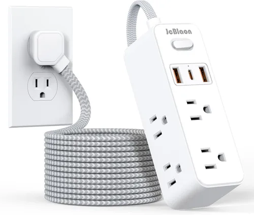 Vista 8 de Regleta de alimentación de enchufe plano con protector de sobretensiones, cable de extensión ultradelgado de 5 pies con 3 cargadores de pared USB