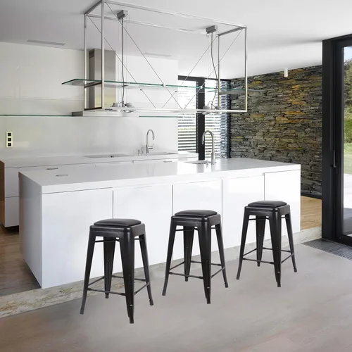 Vista 181 de GIA Taburete de mostrador sin respaldo de 24 pulgadas, cantidad de 4, bronce con asiento de madera clara