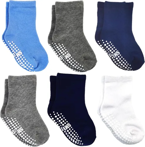Vista 4 de Calcetines de tripa con agarre para niños pequeños con pinzas para niños y niñas, niños 1-3/3-5/5-7T, 6 pares Rayas