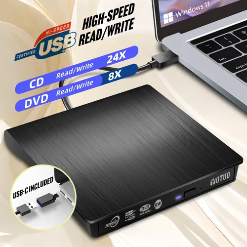 Vista 2 de YOTUO Quemador externo de CD/DVD con funda protectora, USB 3.0 portátil y grabadora USB-C, compatible con computadoras portátiles y computadoras