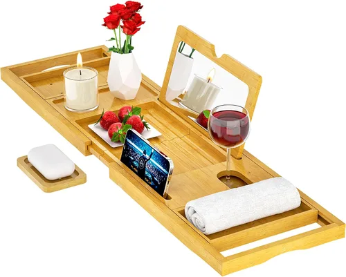 Bandeja de bañera premium con espejo de maquillaje de bambú, bandeja de baño expandible, regalos únicos de inauguración de la casa, nuevo hogar,