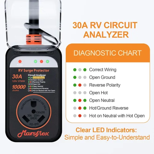 Vista 4 de Marsflex Protector de sobretensiones para RV, analizador de circuito de 30 amperios, protección contra sobretensiones de 10000 julios con cubierta
