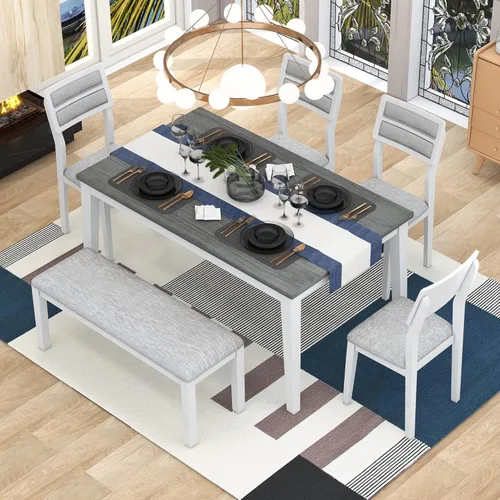 Vista 18 de Juego de mesa de comedor de 6 piezas estilo granja, mesa rectangular con soporte y 4 sillas tapizadas y banco, juego de muebles de cocina
