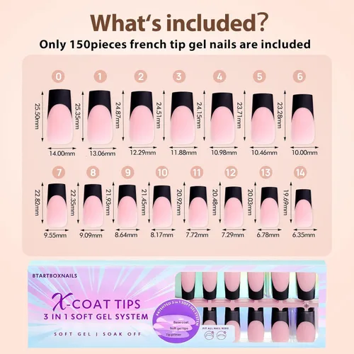 Vista 5 de btartboxnails XCOATTIPS - Uñas de punta francesa, uñas largas a presión, puntas de uñas cuadradas negras, puntas de uñas de gel suave, juego
