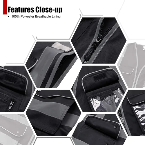 Vista 3 de Chalecos de seguridad reflectantes clase 2 retro con 9 bolsillos y cremallera frontal ANSI/ISEA 107-2015 (Negro-03, S)