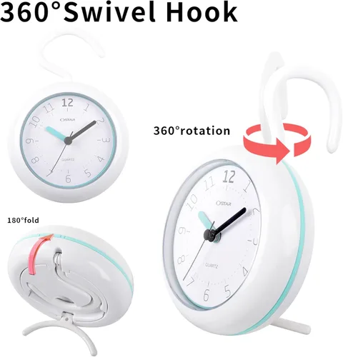 Vista 7 de OSTAR Reloj de ducha de baño impermeable, reloj analógico de cuarzo, soporte colgante de doble propósito, funciona con pilas AA, tamaño redondo