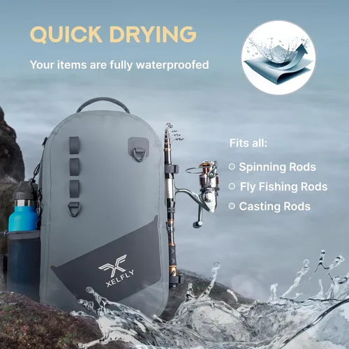 Vista 7 de Xelfly - Mochila de pesca impermeable con soporte para caña, válvula de aire inflable, correas acolchadas para la cintura y bucles para engranajes