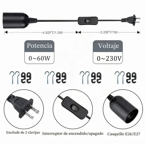 Vista 2 de Cable de lámpara colgante de enchufe de 8.2 pies, negro, paquete