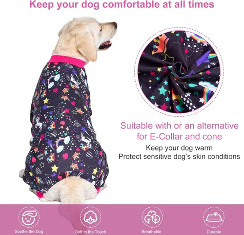 Vista 3 de LovinPet Pijamas grandes para perros Pitbull: cuidado de heridas/ropa de perro poscirugía, mamelucos para perros, estampado negro de arco iris