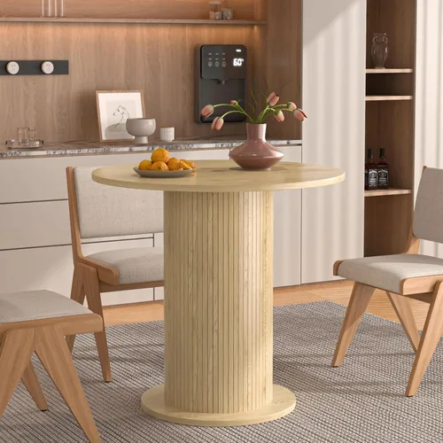 Vista 7 de Mesa de comedor redonda de 59 pulgadas para 6, moderna mesa de cocina de granja, mesas de comedor circulares con base de tira de madera para cocina