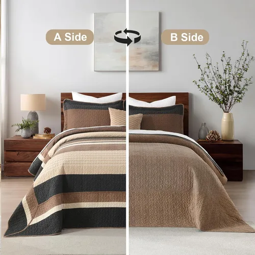 Vista 7 de Finlonte Colcha tamaño King, 100% algodón, colcha de gran tamaño King de tamaño King, color marrón carbón, beige, California King, acolchada, a