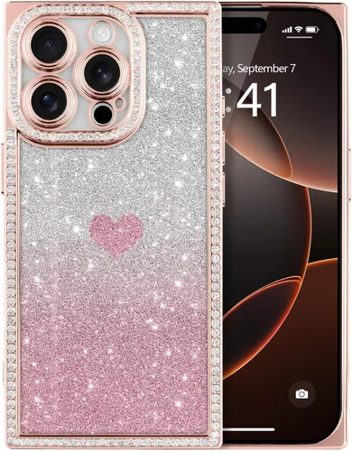 Vista 34 de Funda para iPhone 13, funda de diamantes de imitación de lujo con patrón de corazón de amor de cristal [papel con purpurina extraíble], parachoques