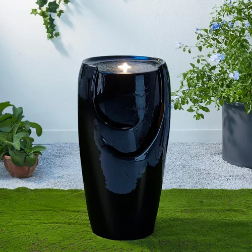 Glitzhome Fuente de Agua con Jarrón de Cerámica de Gran Tamaño de 29.25" de Alto para Exteriores, Fuente de Agua Alta para Patio y Jardín con Luz