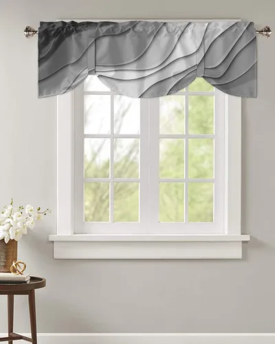 Vista 2 de Cortinas de cenefa con amarre degradado negro gris para ventanas, cortinas modernas geométricas grises para cocina, tratamientos para ventanas