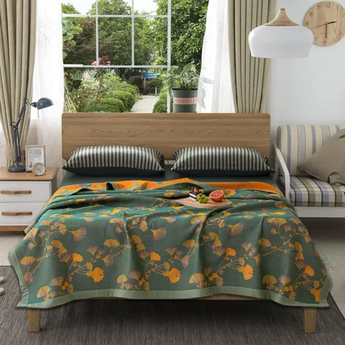 Vista 5 de Colcha Reversible de Ginkgo, Colcha Ligera de Muselina de Algodón, Cobertor Suave y Transpirable para Todas las Estaciones, Ropa de Cama