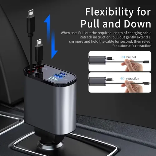 Vista 4 de Cargador retráctil para automóvil, carga rápida 4 en 1 de 69W, adaptador de encendedor de cigarrillos con 2 cables retráctiles para iPhone